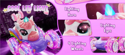Unicorn Remote Control Car for Girls, 360° Rotating 4WD Stunt RC Cars with Cute Lights, Rechargeable Toys-Kid for Birthday Gifts