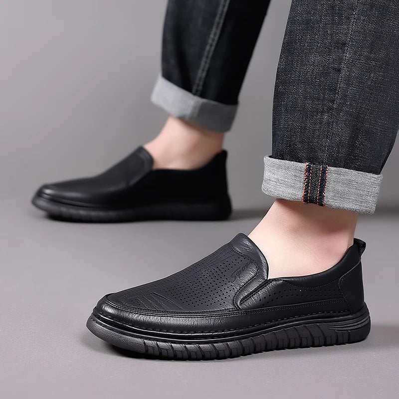 Men's Summer Slip-on Hollow Loafers, Soft Sole Business Casual Shoes, Breathable Anti-slip Driving Shoes-WC887-1