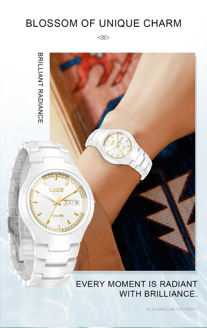 LIGE Women's wristwatch elegant women's watch ceramic quartz waterproof clock week calendar fashion Watch for Women reloj mujer