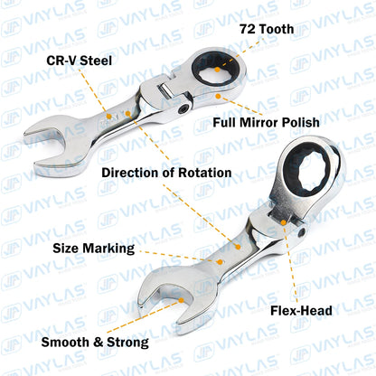 1pc 6-19mm Mini Ratchet Wrench Tool Ultra-short Key Fixed Flex-Head Ratcheting Wrench Stubby Combination Wrench 72T CR-V Steel