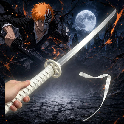 40inch 101cm Katana Sword Bleach Ichigo Zangetsu White Bankai Blade Wood Bamboo Japanese Samurai Anime Cosplay Prop Stand Belt Ribbon Set Real Size Otaku Collectible Gift Toy Display Bushido Ninja Knife Schwert Sabre