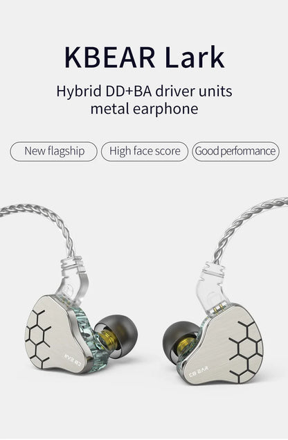 KBEAR Lark 1DD+1BA Hybrid IEM HiFi Earphones Zinc Alloy Shell 10mm Dynamic Driver Wired Headphones with Detachable 2Pin for Audiophile & Studio