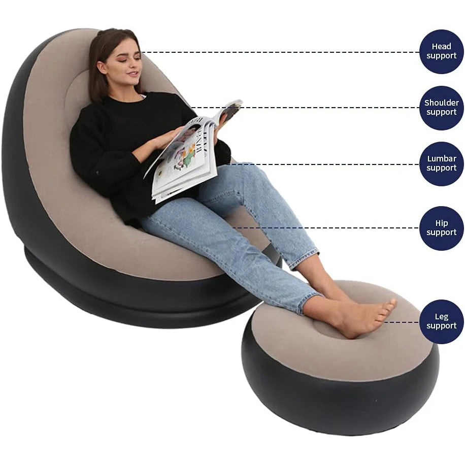 Lazy Couch Sofas Inflatable Chair Foldable Recliner Outdoor Sofa Bed Footstool Portable Folding Air Bed Lunch Lounge Chair Set