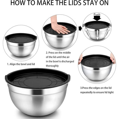 LMETJMA 6 Pcs Stainless Steel Mixing Bowls with Black Lids Kitchen Nesting Salad Mixing Bowl With Non-slip Silicone Bottom JT327