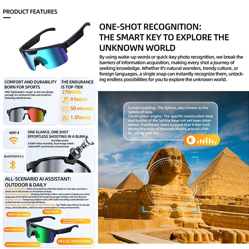 2026 Cycling Glasses with 800W HD Camera UV Protection Voice Assistant AI Translation Bluetooth Wireless Calling Cycling Glasses