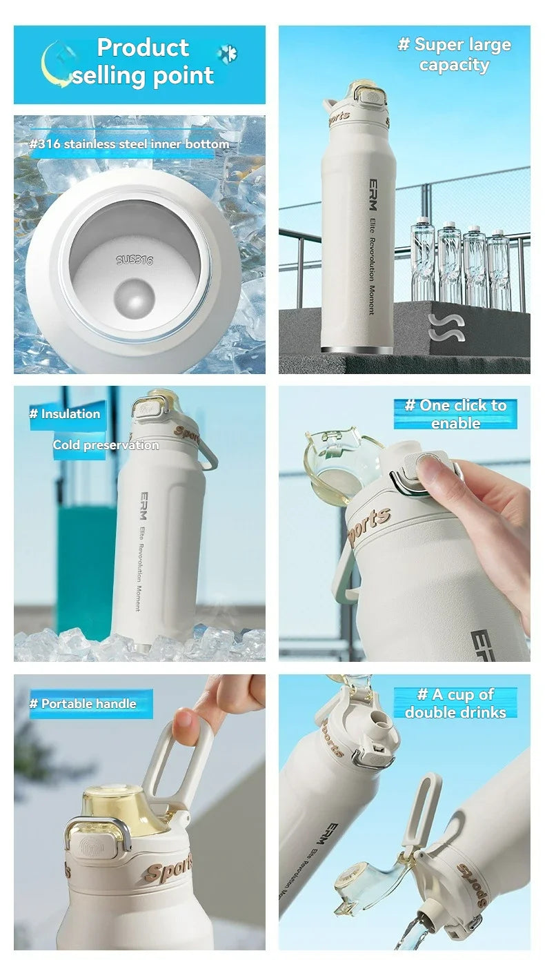 1L Stainless Steel Thermos Bottle, Iced & Heat Insulated Cup, Hiking Cycling Fitness Vacuum Flask with Handle