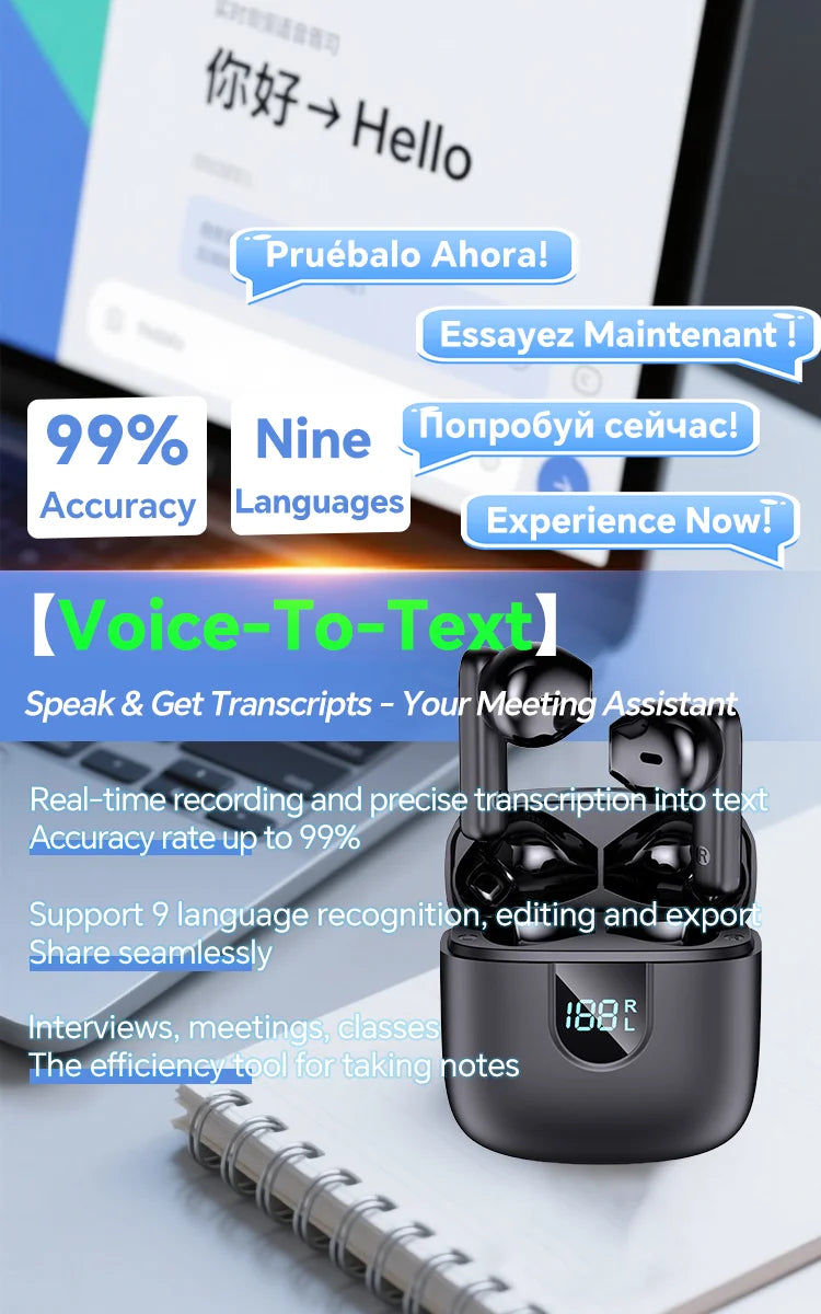 A18 AI Translator Earbuds  164 Languages BT5.4  Noise Cancellation  HD Call   Touch Control  Waterproof