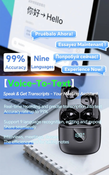 A18 AI Translator Earbuds  164 Languages BT5.4  Noise Cancellation  HD Call   Touch Control  Waterproof
