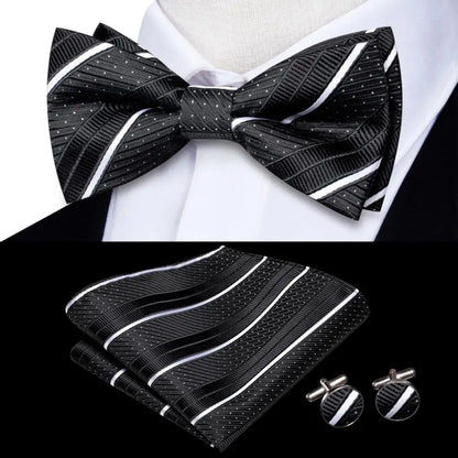 Hi-Tie Mens Bow Tie Hanky Cufflinks Set White Black Gray Silver Pre-tied Butterfly Knot Bowtie for Male Wedding silk Business