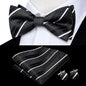 Hi-Tie Mens Bow Tie Hanky Cufflinks Set White Black Gray Silver Pre-tied Butterfly Knot Bowtie for Male Wedding silk Business