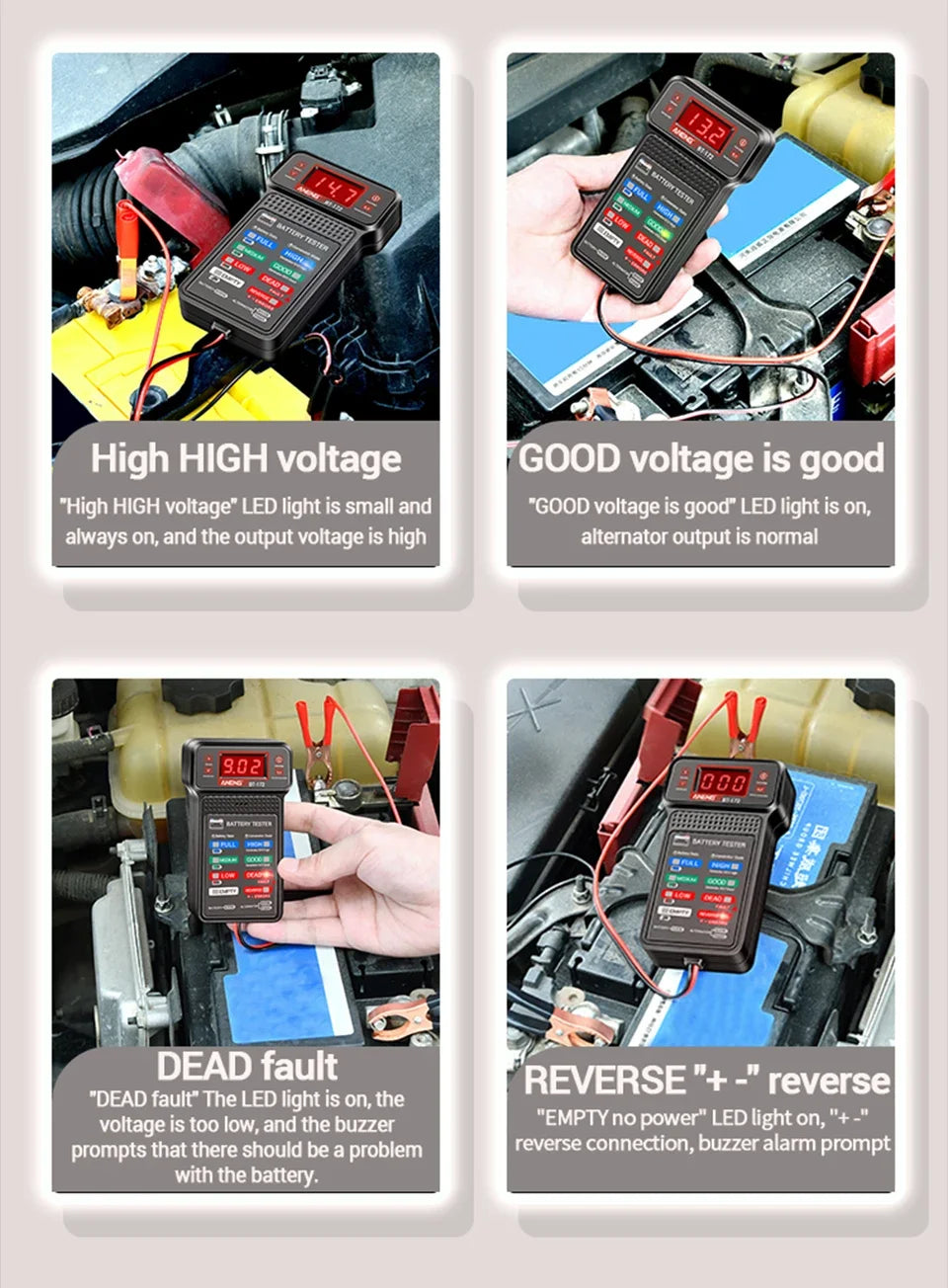 Car Battery Load Tester ANENG BT-172 Voltage Meter Gauge Digital Display Car Battery Monitor Amp Meter with Alligator Clips Tool