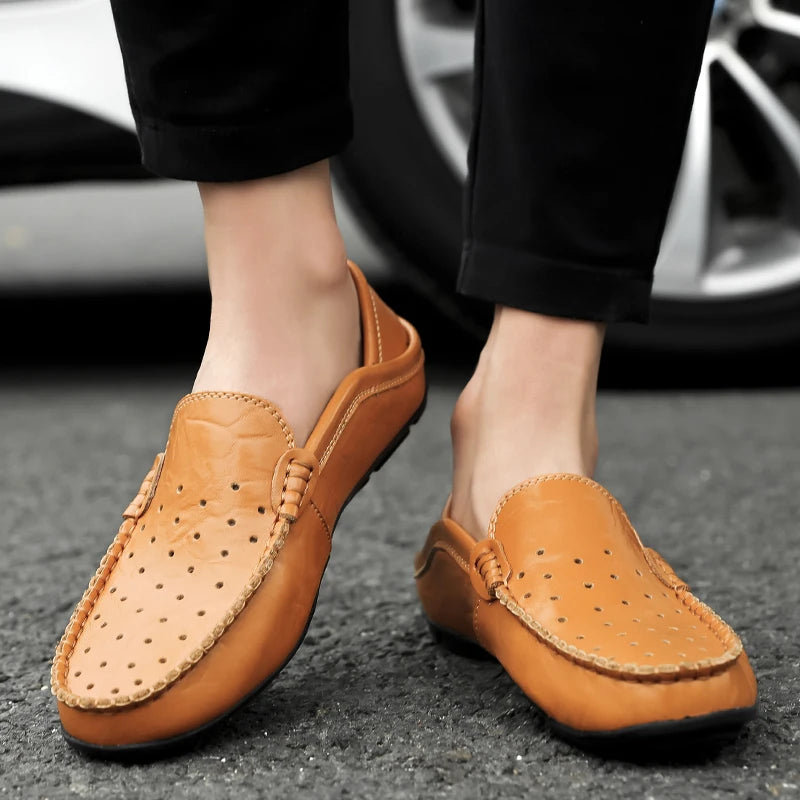 Men's Driving Shoes Large Size Loafers Hollow out Casual Bean Bean Shoes Leather Slip-On Footwear for Men