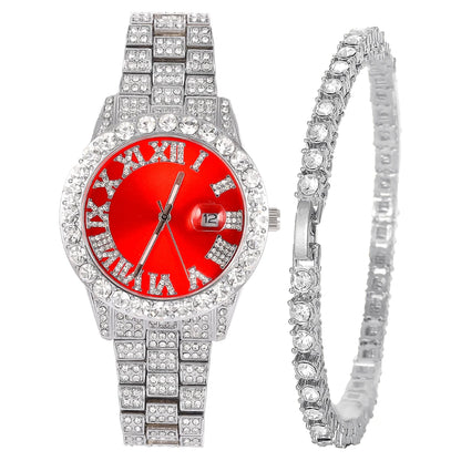 2024 Full Iced Out Watch Mens Cuban Link Chain Bracelet watch Bling Jewelry for Men Big Gold Chains Hip Hop Men Watch Set