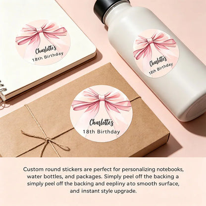 Pastel Pink Base Large Satin Bow Stickers Personalized Name Variety Sizes AvailableElegant Round Labels Gift Box Decor Stickers