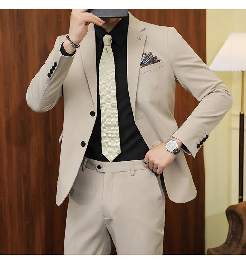 High quality Korean slim fit (suit + trousers) Fashion business handsome casual solid color wedding suit two-piece set