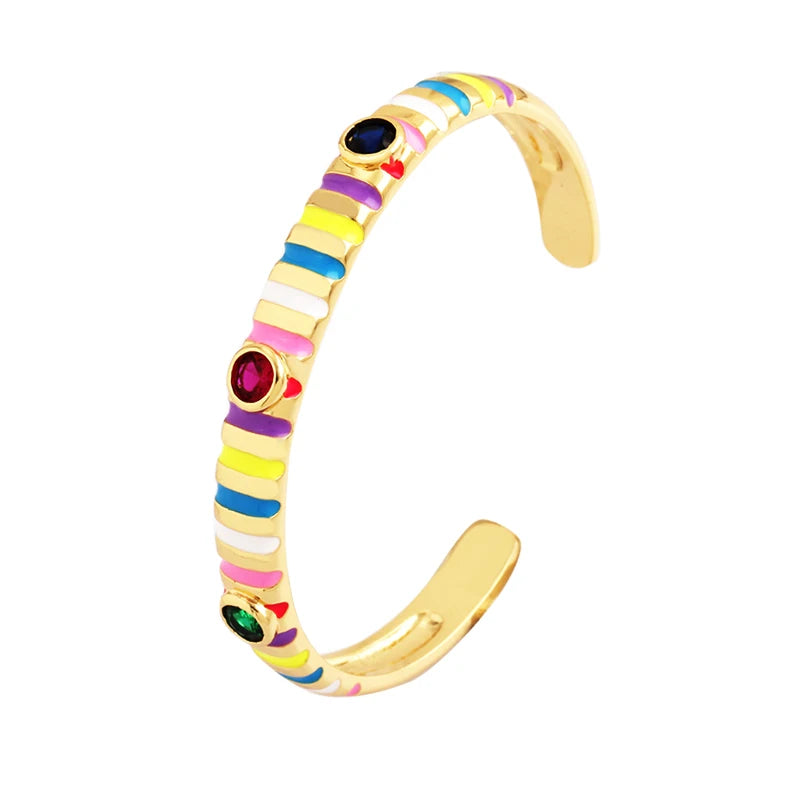Fashionable Multicolor Gold Plated Gemstone Charm Bangle,Fine Colorful Enamel Open Adjustable Bracelet Jewelry Supply  Q35