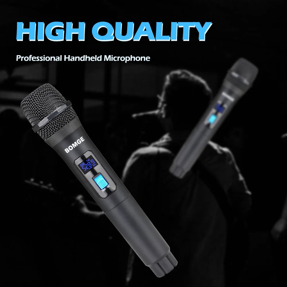 BOMGE 4 channel wireless microphone System Cordless Mic Set With Four Handheld Mics Fixed Frequency, Long Range 200ft