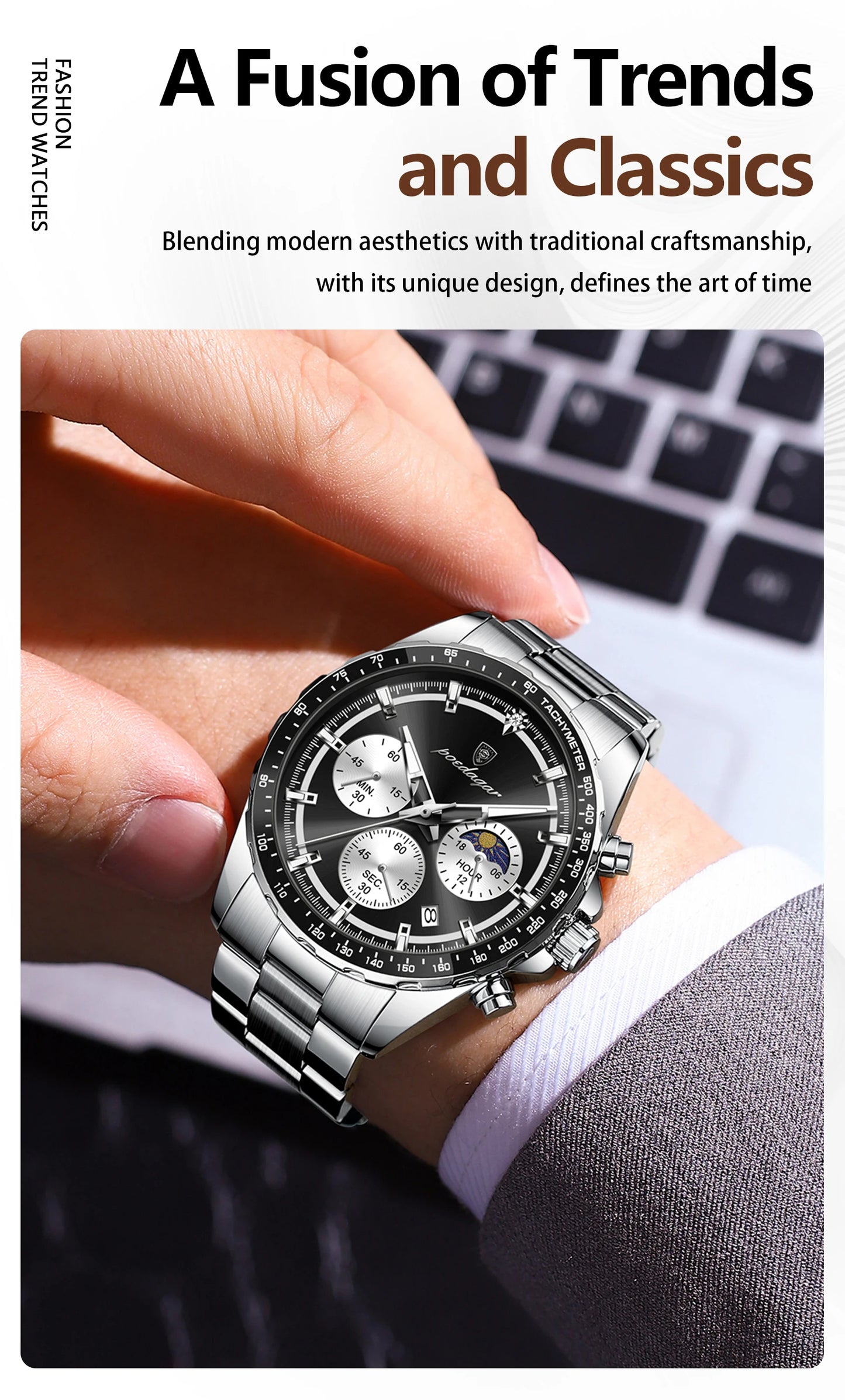POEDAGAR Top Original Man Wristwatch Waterproof Stainless Steel Luminous Men Clock Chronograph Date Quartz Sports Men's Watches