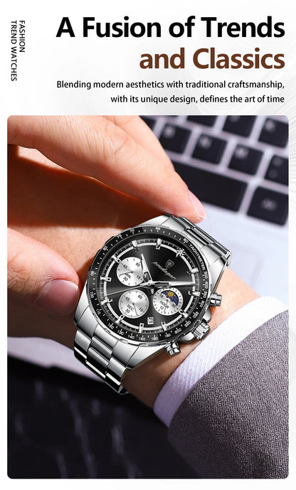 POEDAGAR Top Original Man Wristwatch Waterproof Stainless Steel Luminous Men Clock Chronograph Date Quartz Sports Men's Watches