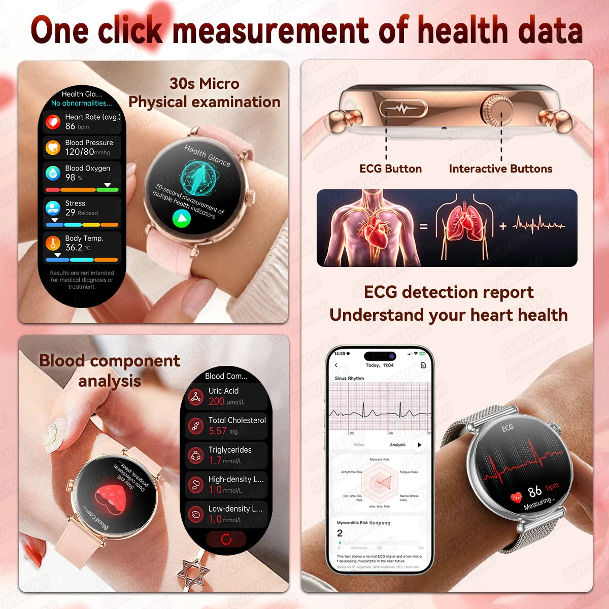 2026 New Women's Health Care Smartwatch ECG Blood Pressure Uric Acid Blood Lipids Sports IP68K Bluetooth call Fashion Smartwatch