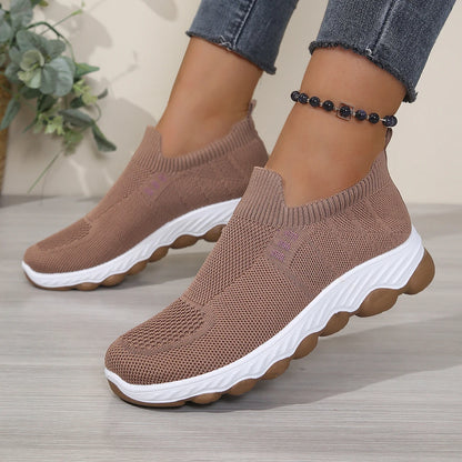 Grid mesh slip-on street sneakers, integrated stretch ribbed collar, thick wavy layered two-tone midsole daily walking shoes