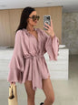 Women's V Neck Tie Waist Mini Dress With Tiered Bell Sleeves Casual Short Romper