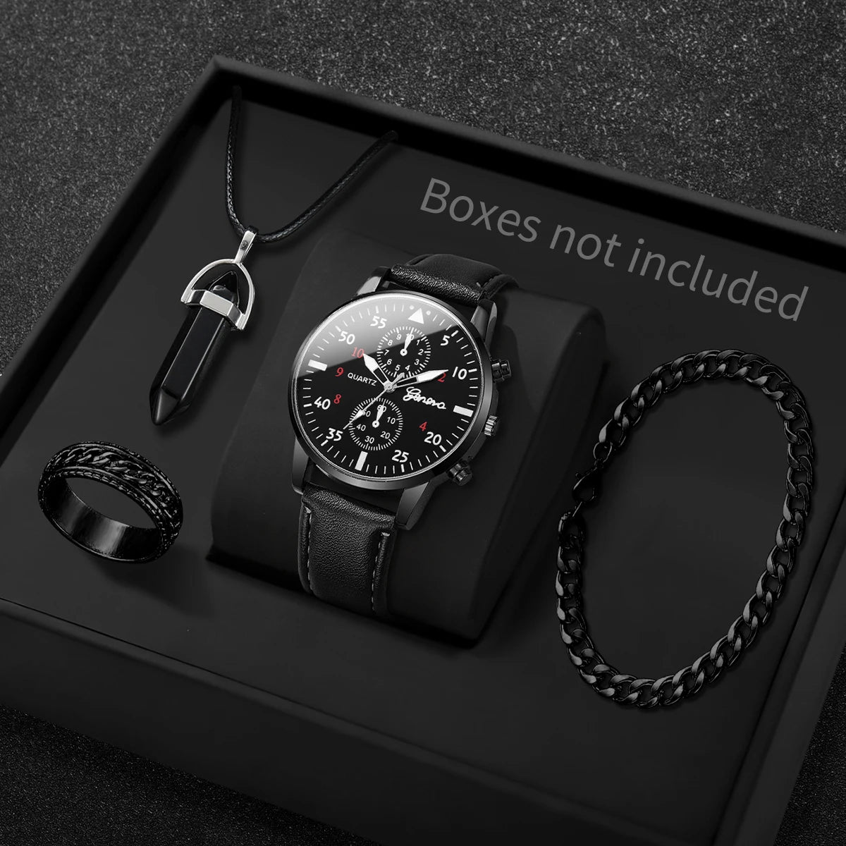 4PCS Fashion Men Business Watches Jewelry Set Casual Arabic Dial Male Leather Strap Quartz Wristwatch Reloj Hombre (Without Box)