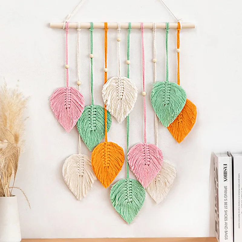Handmade Woven Leaf Macrame Hanging Ornament Bohemian Cotton Rope Woven Walls Hanging Decoration For Bedroom Living Room Wall