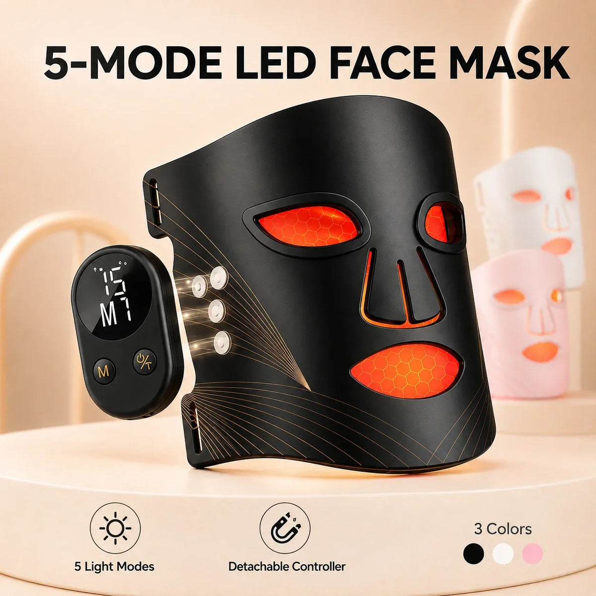 LED Face Mask 5 Light Modes Full Face Beauty Device Detachable Controller 10/15/20 Min Timer Rechargeable At Home Skin Care