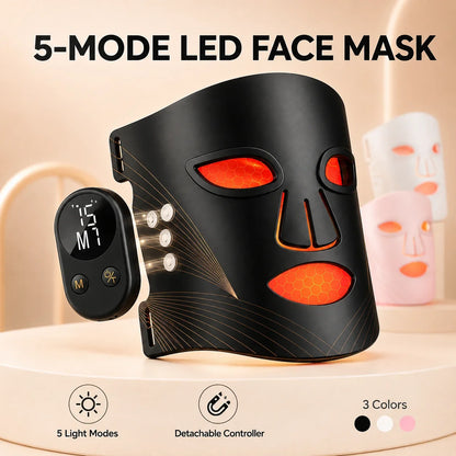 LED Face Mask 5 Light Modes Full Face Beauty Device Detachable Controller 10/15/20 Min Timer Rechargeable At Home Skin Care