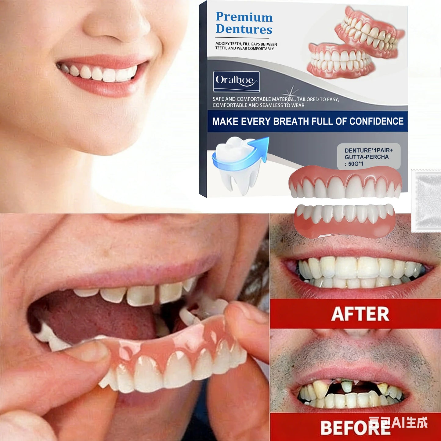Premium Adjustable Denture Grooming Kit, Easy Daily Teeth Maintenance for Healthy, Beautiful Relaxed Smiles