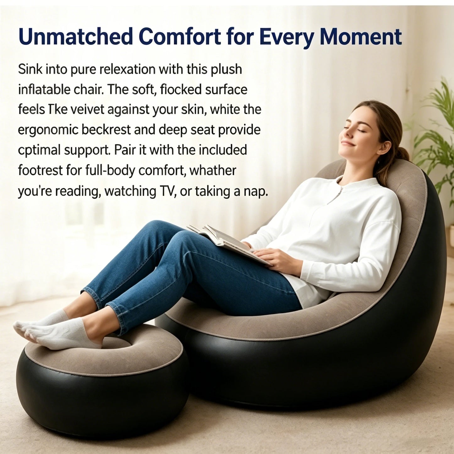 Quick Easy InflationInflatable Lounge Chair with Footrest Portable Flocked Air Sofa with Pump for Indoor Outdoor Relaxation