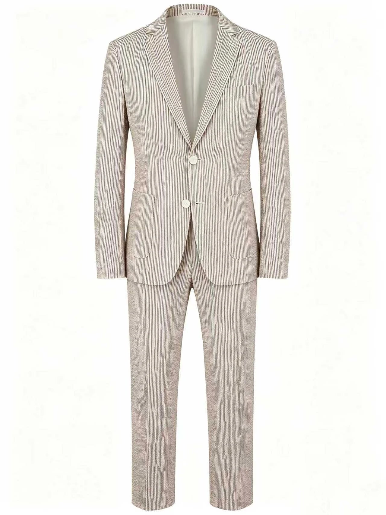 Men Summer Striped Seersucker 2 Piece Suit Wrinkle Free Light Blazer Trousers All Match Gentleman Daily Outfit