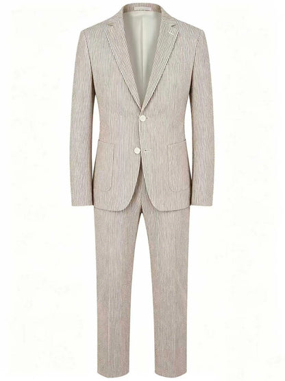 Men Summer Striped Seersucker 2 Piece Suit Wrinkle Free Light Blazer Trousers All Match Gentleman Daily Outfit