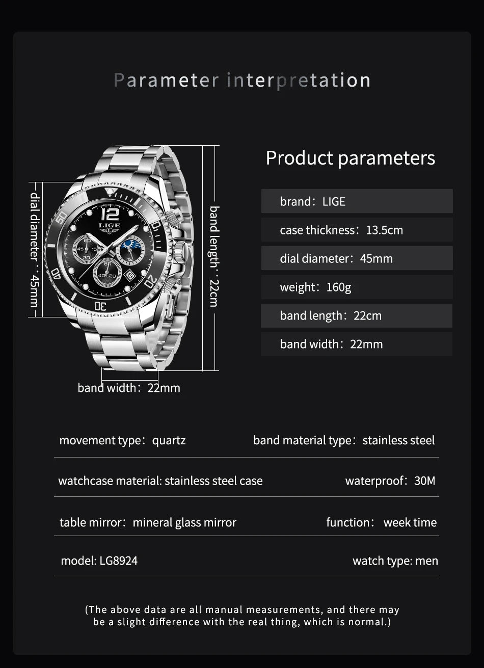 LIGE Outdoor Sport Watch For Men Fashion Military Waterproof Luminous Men Watch Round Stainless Steel Quartz Chronograph Male