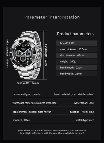 LIGE Outdoor Sport Watch For Men Fashion Military Waterproof Luminous Men Watch Round Stainless Steel Quartz Chronograph Male
