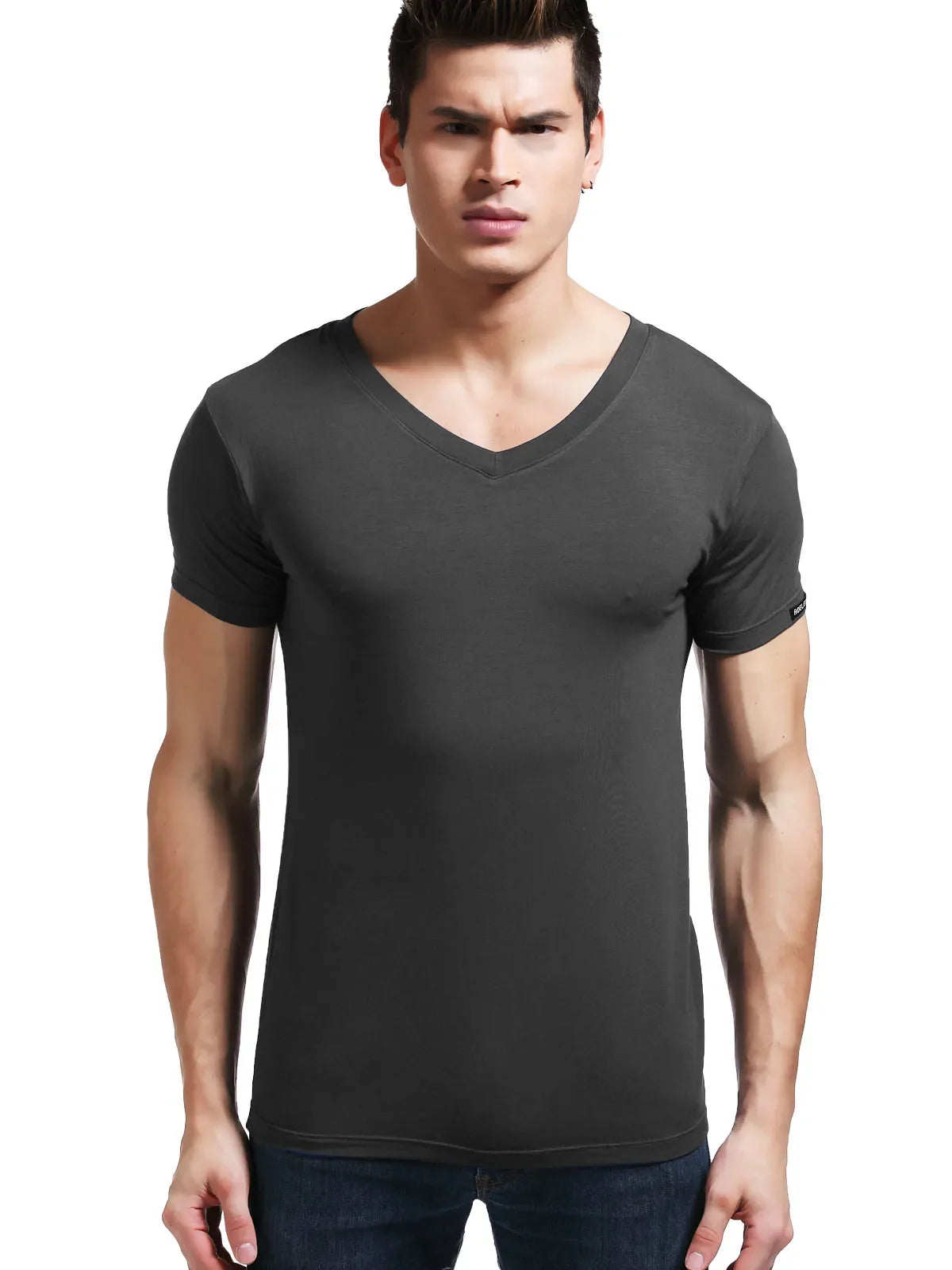 Modal summer round neck tight men's short sleeve V-neck T-shirt solid color vest T-shirt slim-fit sports undershirt