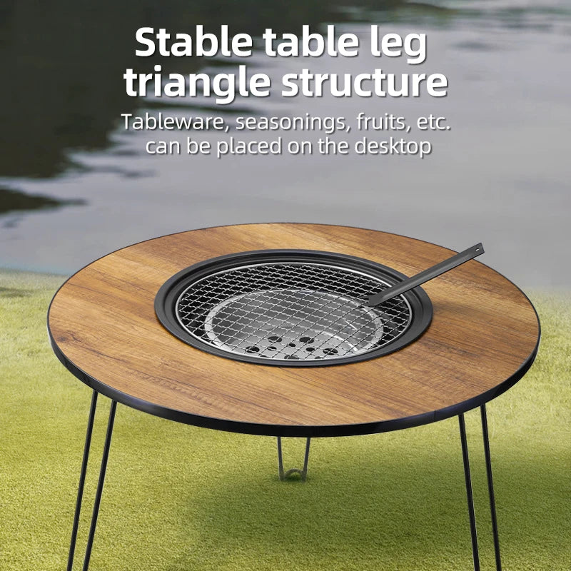 Fireplace Small Round Table Foldable Fire Pit Pot Outdoor Multifunctional Portable Camping Barbecue Table Set