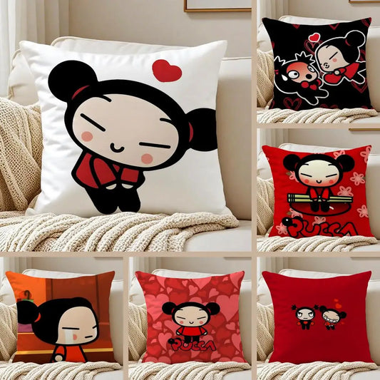 Kawaii P-Pucca Anime Cushion Cover Pillowcase Anti-dustmite Invisible Zipper Short Plush Sofa Cushion