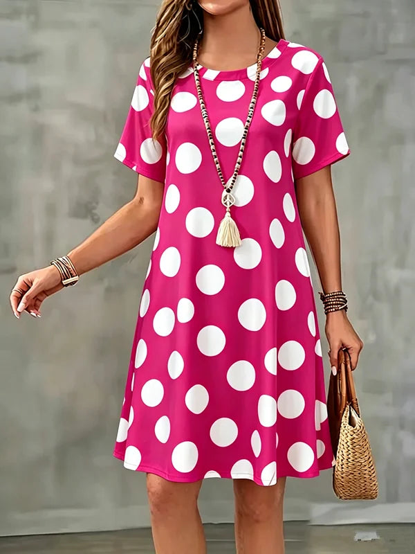 New Summer Women Dress Polka Dots Print Short Sleeve O-Neck  A-Line Dress Casual Loose Beach Sundress
