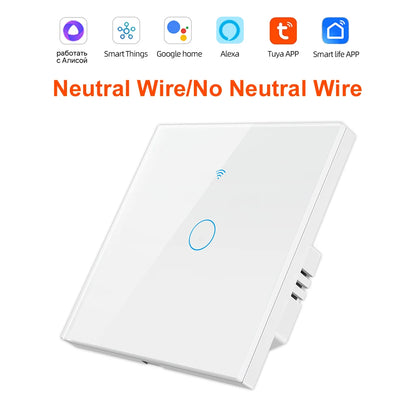 Tuya Smart Wifi Light Switch No Neutral Wire Touch Panel EU 1/2/3 Gang Wall Switch Wireless Control Voice Control Alexa Google