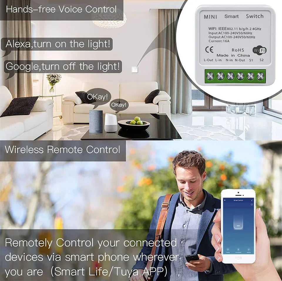 Tuya WiFi Smart Switch 16A 20A RF 433Mhz Relay Breaker Module 2-Way Control Smart Life App Remote Works with Google Home Alexa