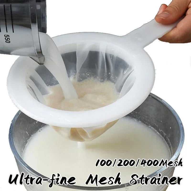 100/200/400Mesh Kitchen Ultra-Fine Nylon Mesh Strainer, Plastic Sieve Fine Mesh with Handle Kitchen Tool for Milk, Yogurt, Juice