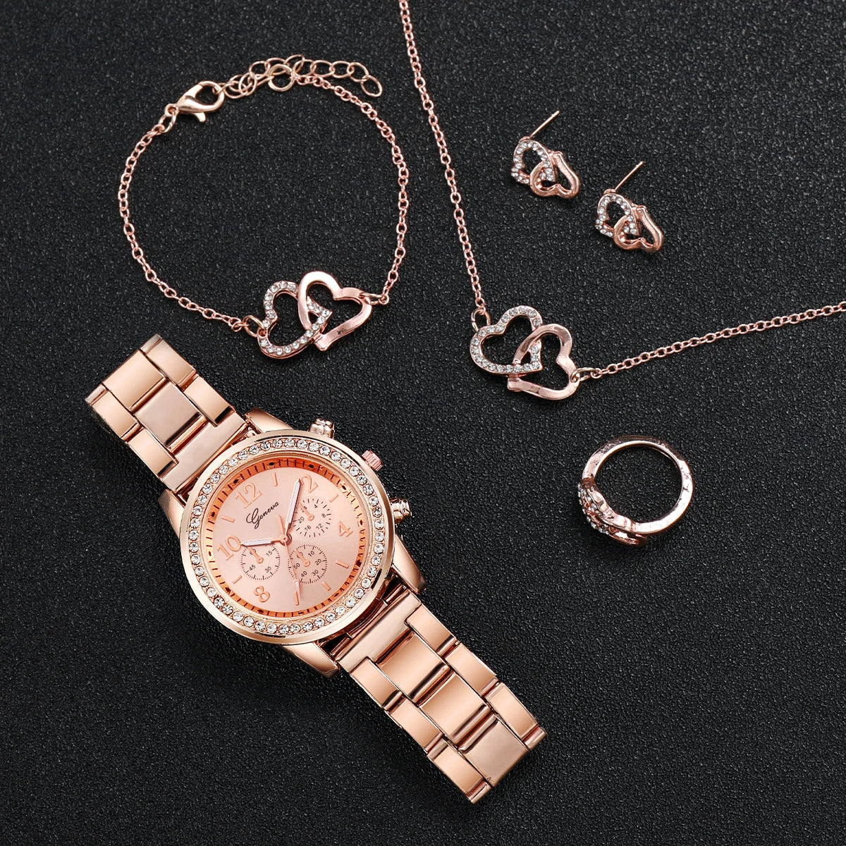6PCS/Set Women's Watch Fashion Rhinestone Stainless Steel Band Quartz Watch Double Heart Jewelry Set（Without Box）