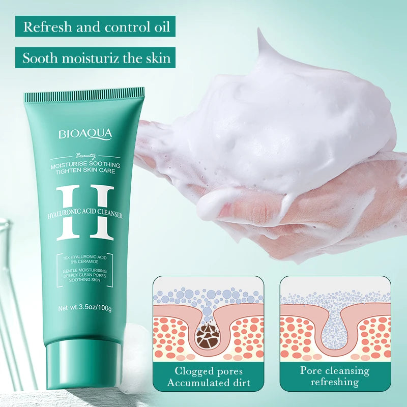 BIOAQUA Hyaluronic Acid Facial Cleanser Anti-aging Face Wash Foam Deep Moisturizing Pore Cleansing Daily Skin Care