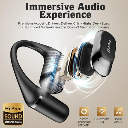 Ohayo Open-Ear Earphones Ear Hooks Wireless Bluetooth 5.4 Headphones IPX6 Waterproof Air conduction Sports Earbuds TWS with Mic