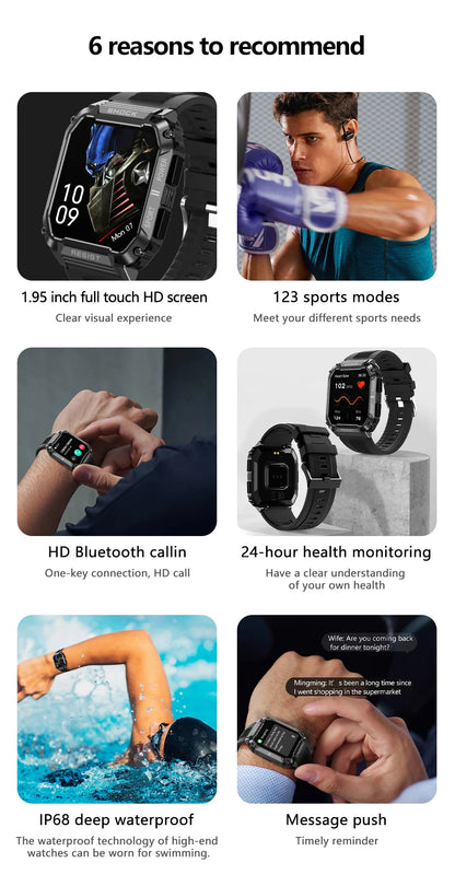 LIGE nowy wytrzymały wojskowy smartwatch z połączeniami Bluetooth dla mężczyzn 1,95" ekran HD 100+ trybów sportowych monitorowanie zdrowia Smartwatch dla Androida i iOS