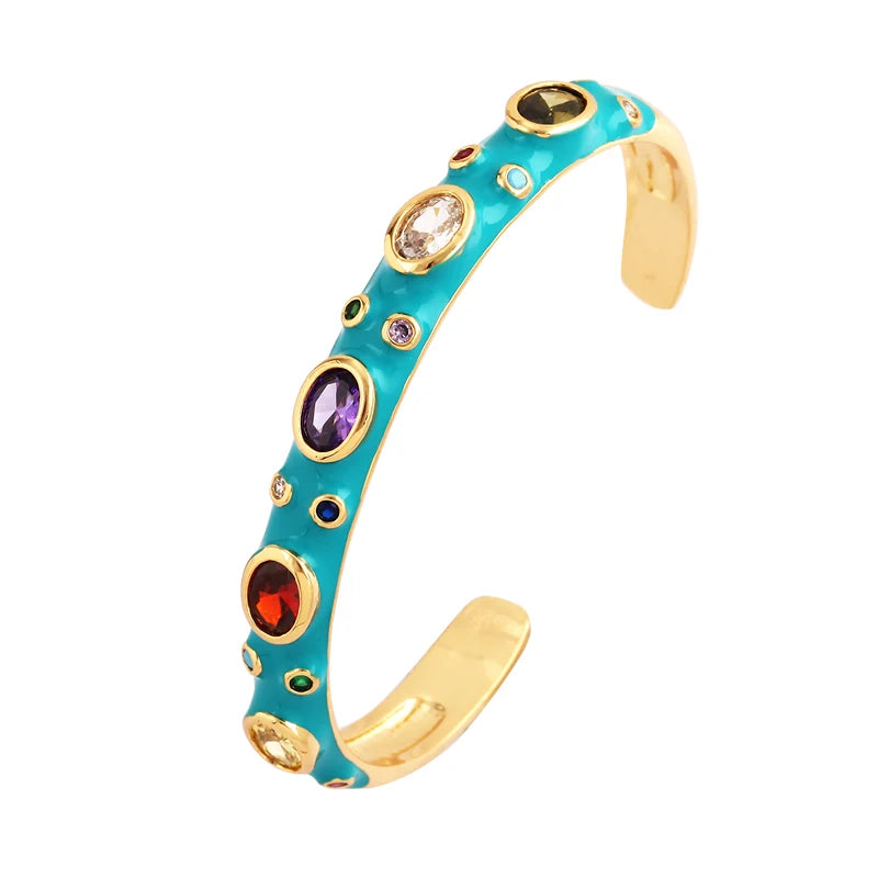 Fashionable Multicolor Gold Plated Gemstone Charm Bangle,Fine Colorful Enamel Open Adjustable Bracelet Jewelry Supply  Q35