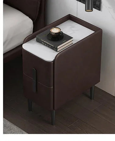 Moder Style Wooden Bedside Table Mini Narrow Leather Bedroom Nightstand Side Storage Cabinet with 2 Drawers Hotel End Table