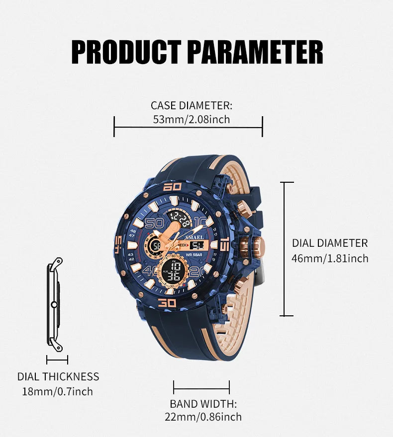 SMAEL 8136 Dual Display Military Watch for Men - 50M Waterproof LED Alarm Chronograph Stopwatch Shock Resistant